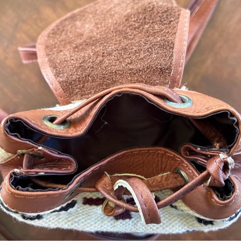 Leather &Woven Woolen Textile Small Backpack Crossbody Bag — Brown, Boho Vintago - Picture 10 of 14